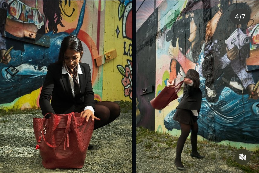 Sara Bic with red handbag in a two-frame street editorial sequence
