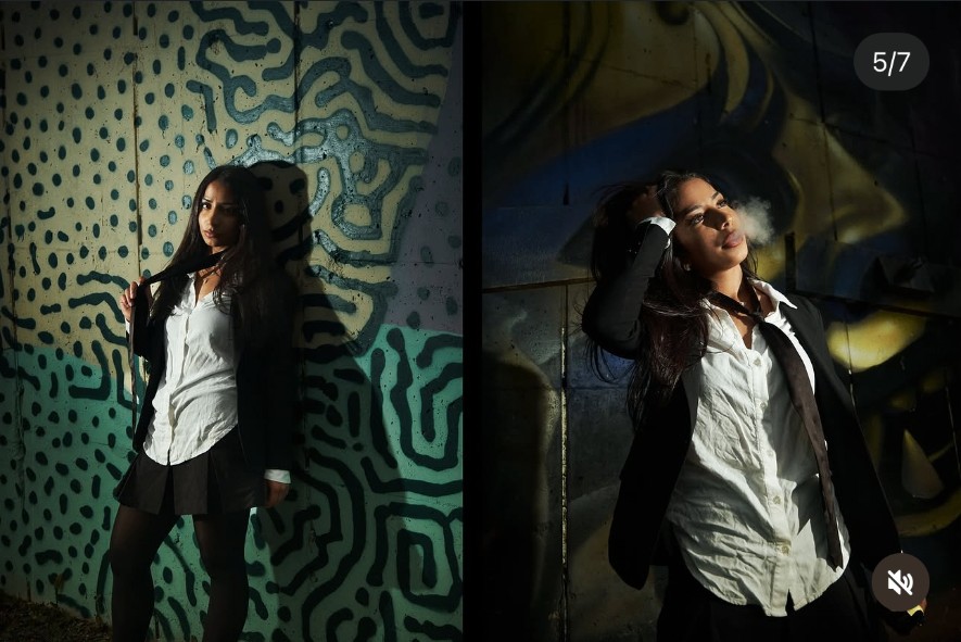 Sara Bic in a shadowy mural portrait with dramatic side light